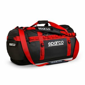 Sparco racing gear duffle bag in black and red with multiple compartments and adjustable straps for motorsport enthusiasts.