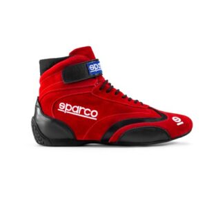 Red Sparco racing shoe with black and blue accents, designed for motorsport safety and performance.