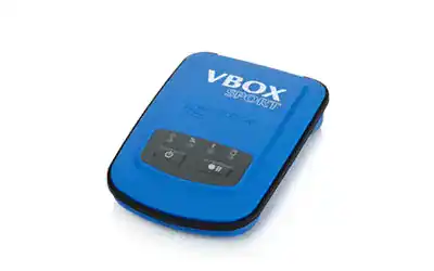 VBOX Sport racing data logger in blue with black control panel for motorsport performance analysis.
