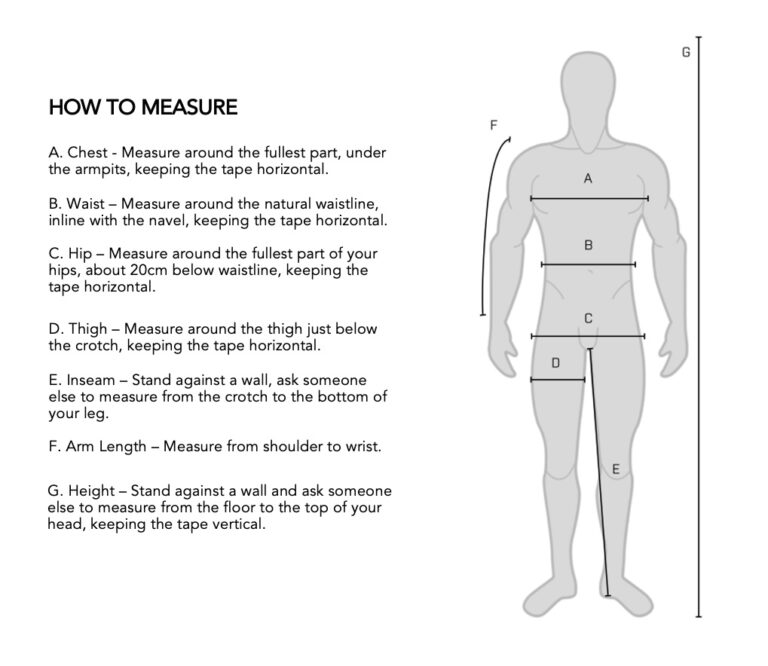 Guide to measuring body parts for racewear sizing, including chest, waist, hips, thigh, inseam, arm length, and height.
