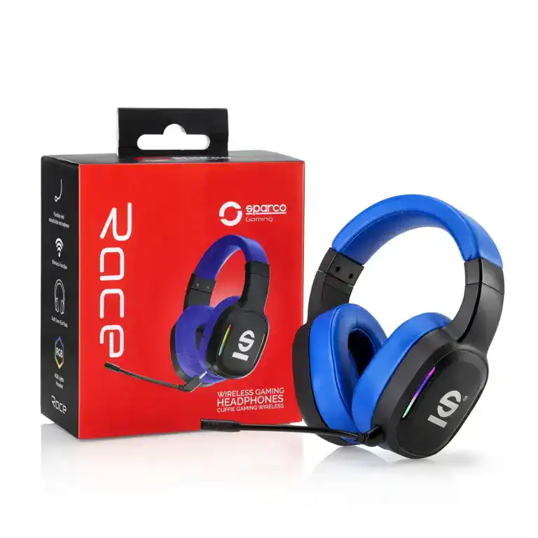 Blue and black wireless gaming headphones with a microphone, displayed next to their red packaging box.