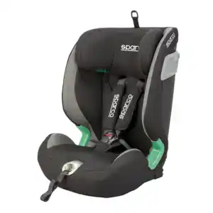 Black and grey Sparco child car seat with green accents, designed for safety and comfort during motorsport travel.
