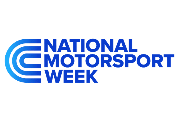 National Motorsport Week logo featuring stylised racing stripes and bold blue text.