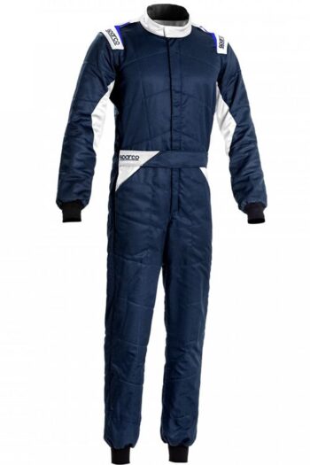 Sparco Sprint Race Suit in navy blue and white with sponsor patches, designed for motorsport safety and performance.