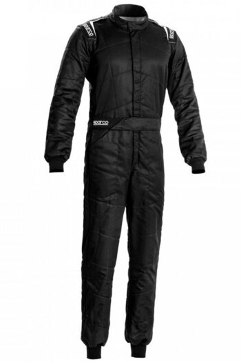 Black Sparco Sprint Race Suit designed for motorsport safety and performance, featuring lightweight, durable fabric with white branding accents.
