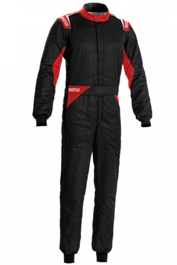 Sparco Sprint Race Suit in black and red with sponsor logos, designed for racing safety and performance.