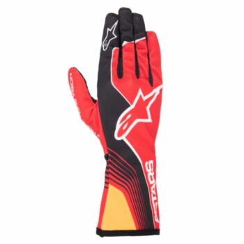 Alpinestars Tech-1 K Race V2 Junior Gloves in red, black, and yellow for motocross racing, featuring protective padding and a secure fit.