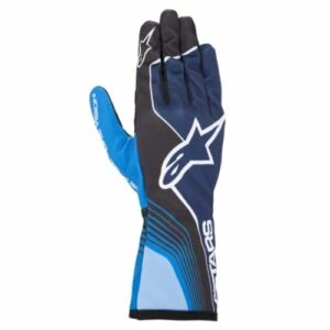 Alpinestars Tech-1 K Race V2 Junior gloves in blue and black with white logo, designed for motorcycle racing.