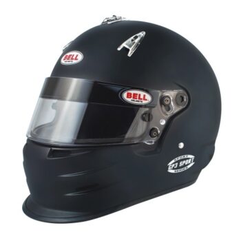 Black Bell racing helmet with clear visor, featuring GP3 Sport branding, designed for motorsport safety and performance.