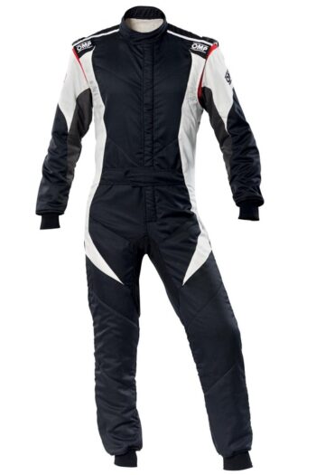 OMP First Evo Race Suit in black and white, designed for motorsport racing, featuring a sleek, aerodynamic fit and high-quality materials.