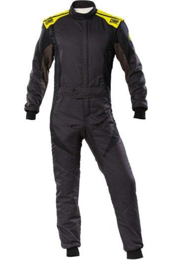 OMP First Evo Race Suit in Anthracite and Fluro Yellow, designed for racing safety and comfort.