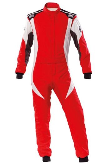 Grand Prix Racewear OMP First Evo Race Suit in red, white, and black, designed for motorsport safety and performance.