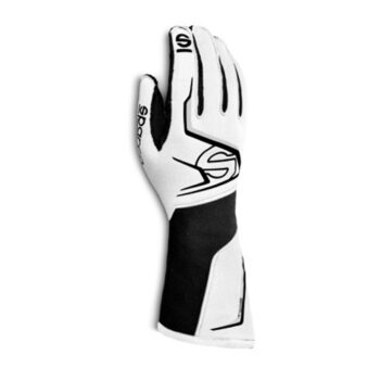Sparco Tide Race Gloves in white and black, designed for racing, featuring a snug fit and enhanced grip for optimal performance.