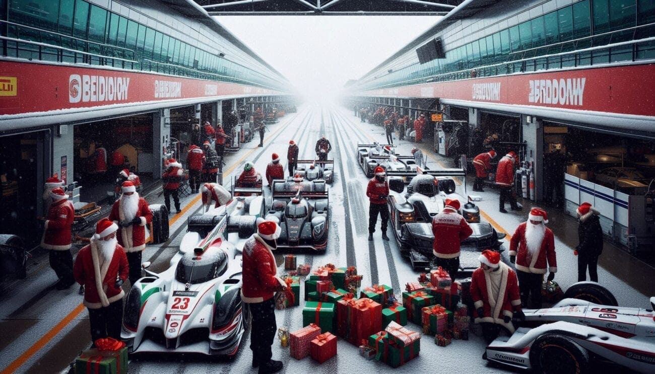 Festive Christmas scene at a race track with race cars, staff in Santa costumes, and wrapped presents, celebrating the holiday season.