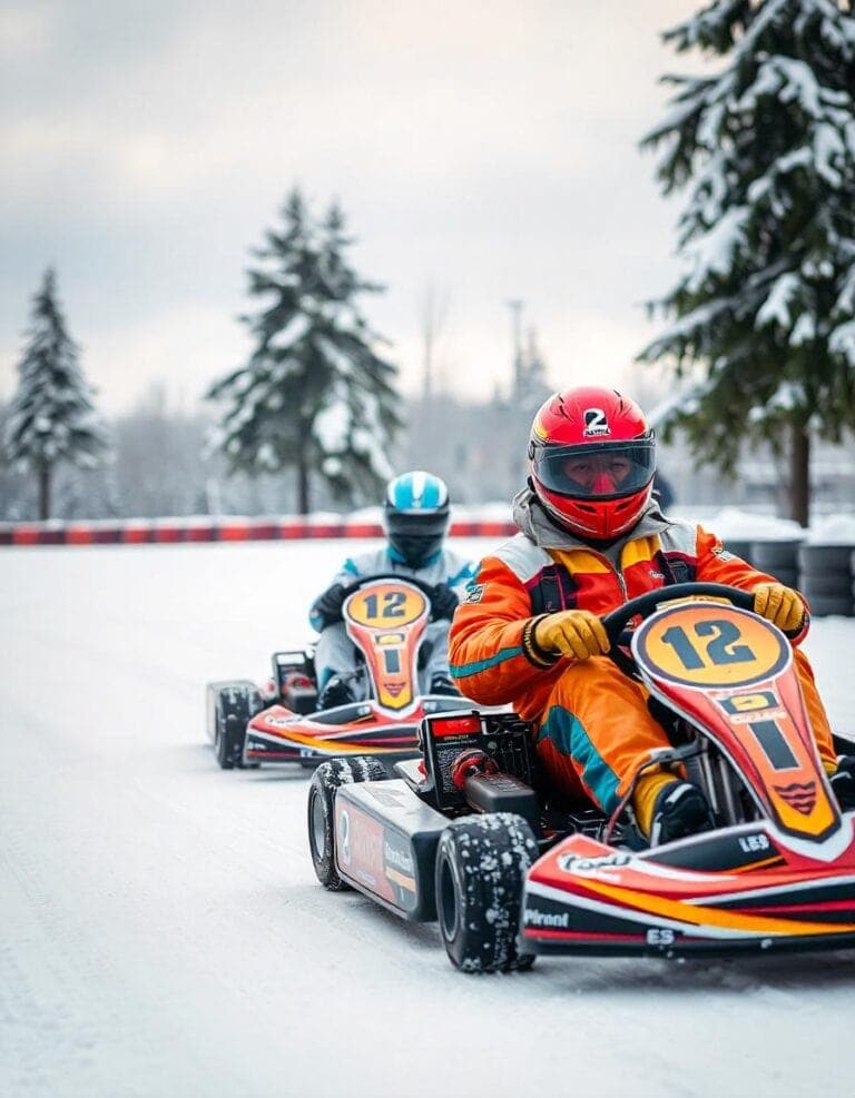 Two go-kart racers in winter gear driving on snow-covered track with pine trees in background.