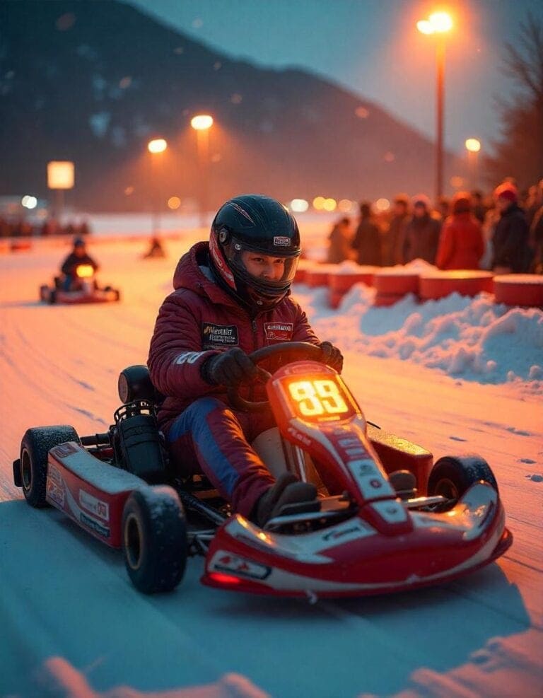 Child in racing helmet driving a go-kart on snow at dusk, illuminated by streetlights, with spectators in the background.