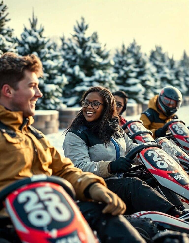 Group of people enjoying go-karting outdoors in winter with snow-covered trees in the background.