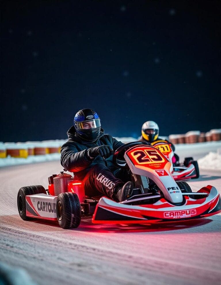 Two racers in go-karts competing on an outdoor ice track at night, wearing helmets and winter gear.