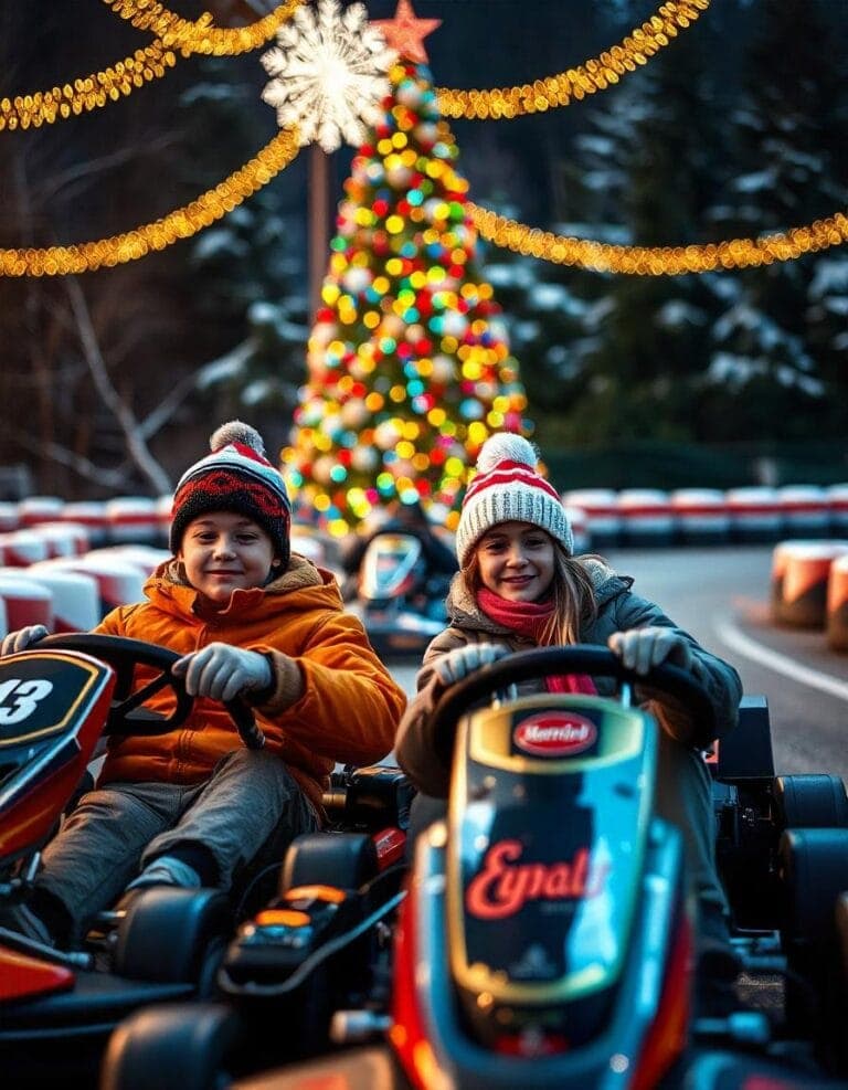 Two children in go-karts enjoying Christmas-themed outdoor track with decorated Christmas tree and festive lights.