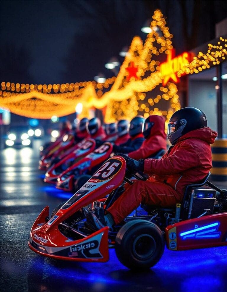 Children in red racing suits and helmets driving go-karts at a festive Christmas-themed indoor karting track with holiday lights and a decorated Christmas tree.