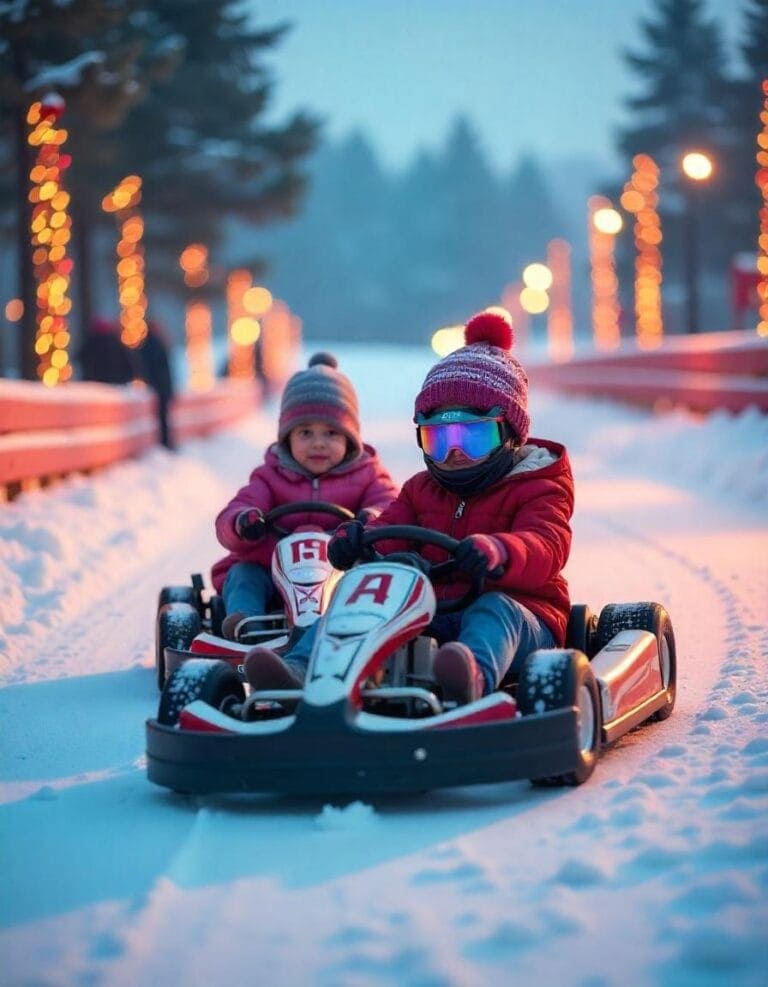 Two children in winter clothing riding a go-kart on a snowy track at dusk, with festive lights along the sides.