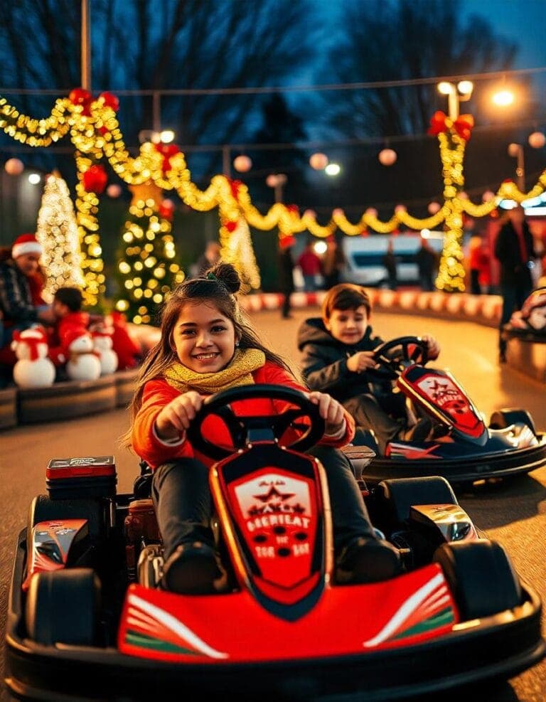 Children enjoying go-karting at a festive Christmas event with holiday decorations and lights.