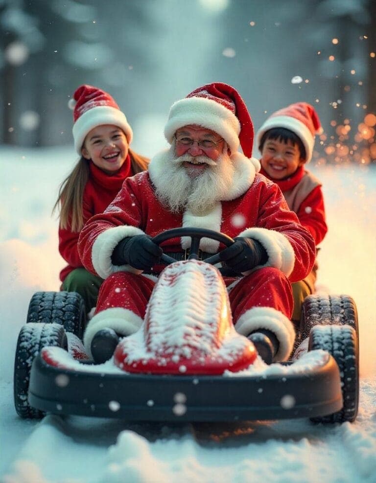 Santa Claus and two children enjoying a snowmobile ride in a snowy winter landscape during Christmas.