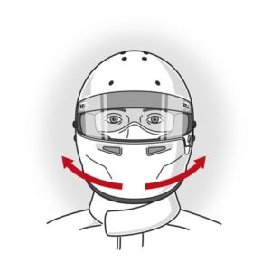 Illustration of a racing helmet with a face shield and a neck collar, showing proper fitting for safety.