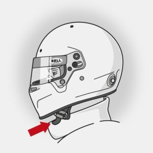 Illustration of a racing helmet with a red arrow pointing to the chin strap for safety fitting.