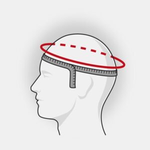 Illustration of a helmet fitting process showing a helmet on a person's head with a red measuring line around it.