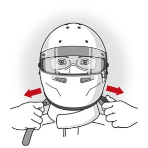 Illustration of a person fitting a racing helmet, ensuring proper safety and fit for motorsport activities.