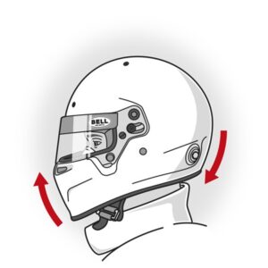 Illustration showing how to properly fit a racing helmet with adjustable straps and padding for maximum safety.