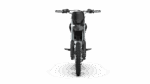 Black electric dirt bike with knobby tires and handlebar controls, designed for off-road riding and youth use.