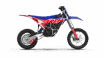 Electric dirt bike with red, blue, and white graphics, suitable for kids, featuring a lightweight frame and off-road tires.
