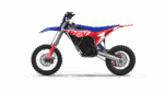 Grand Prix Racewear electric dirt bike for kids with red, blue, and white design, featuring knobby tires and a sturdy frame for young riders.