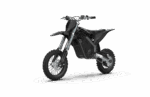 Black electric dirt bike with rugged tyres and modern design, suitable for off-road riding and kids' outdoor adventures.