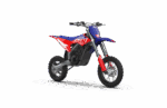 Grand Prix Racewear electric dirt bike with red, blue, and white design, suitable for kids, featuring knobby tires and a compact frame.