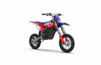 Grand Prix Racewear electric dirt bike with red, blue, and white design, suitable for kids, featuring knobby tires and a compact frame.