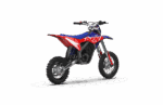 Grand Prix Racewear dirt bike with red, blue, and white design, suitable for young riders, featuring knobby tires and a lightweight frame.