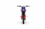 Front view of a blue and red Grand Prix Racewear motocross helmet with goggles and protective gear.