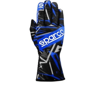 High-performance Sparco racing glove in blue and black with white branding, designed for motorsport safety and grip.