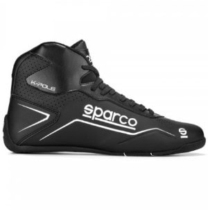 Black Sparco racing shoe with white logo and sleek design, ideal for motorsport enthusiasts and professional racers.