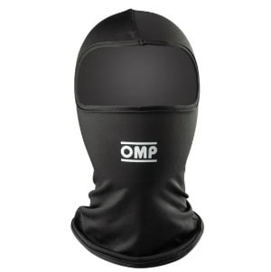 Black racing balaclava by OMP, designed for motorsport safety and comfort, featuring a sleek, aerodynamic fit and high-quality fabric.