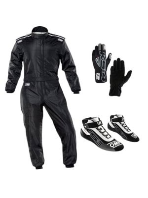 Grand Prix racewear set including a black racing suit, gloves, and racing shoes, designed for motorsport safety and performance.