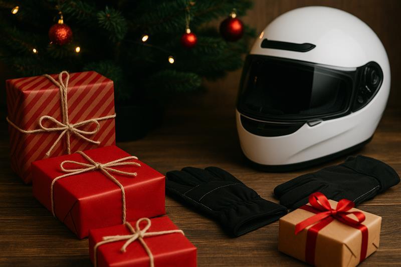 Motorcycle racing helmet and Christmas presents under a decorated tree, highlighting safety gear and holiday celebration.