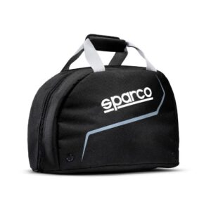 Black Sparco racing gear bag with white handles and logo, ideal for motorsport enthusiasts and racewear storage.