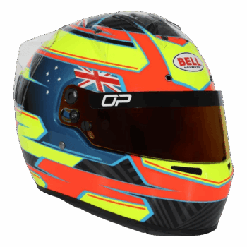 High-performance racing helmet with vibrant yellow, blue, red, and black design, featuring Australian flag and Bell helmet branding, ideal for motorsport enthusiasts and professional drivers.