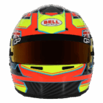 Bell racing helmet with vibrant red, yellow, and blue graphics, featuring British flags and aerodynamic design, ideal for motorsport enthusiasts and professional racers.