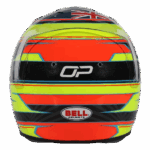 High-visibility racing helmet with bold yellow, red, and black design, featuring GP logo and UK flag, designed for motorsport safety and performance.