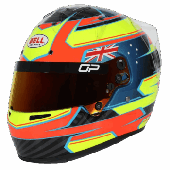 High-visibility racing helmet with Australian flag design, featuring Bell Helmets branding and aerodynamic visor for motorsport safety and performance.